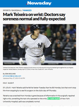 dr keith raskin recognition, newsday article about yankees' mark teixeira wrist surgery